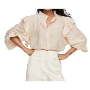 MNG Mango Lyocell Blouse Top Size Small Beige Ruffle Shoulder Long‎ Sleeve